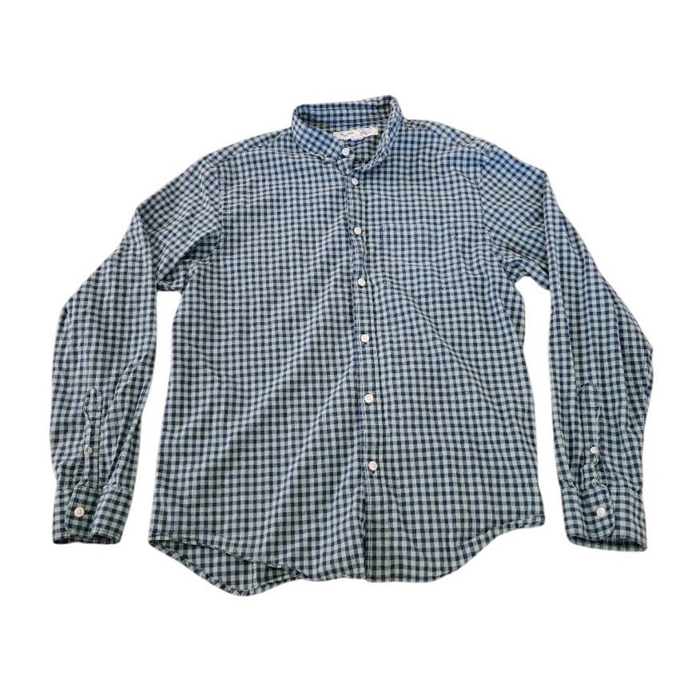 Old Navy Everyday Shirt Mens Large Green Blue Gingham Plaid Built-In Flex Button